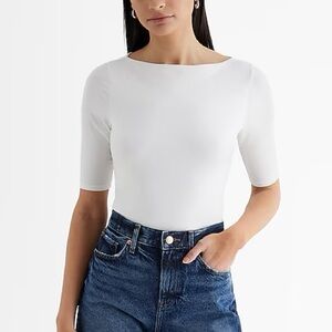 Express White Half Sleeve Boat Neck Women's Top